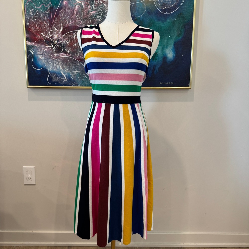 Boden Gracie Stripped Knit Multi Color Fit and Flare V-Neck Midi Dress US 6 - Picture 2 of 10